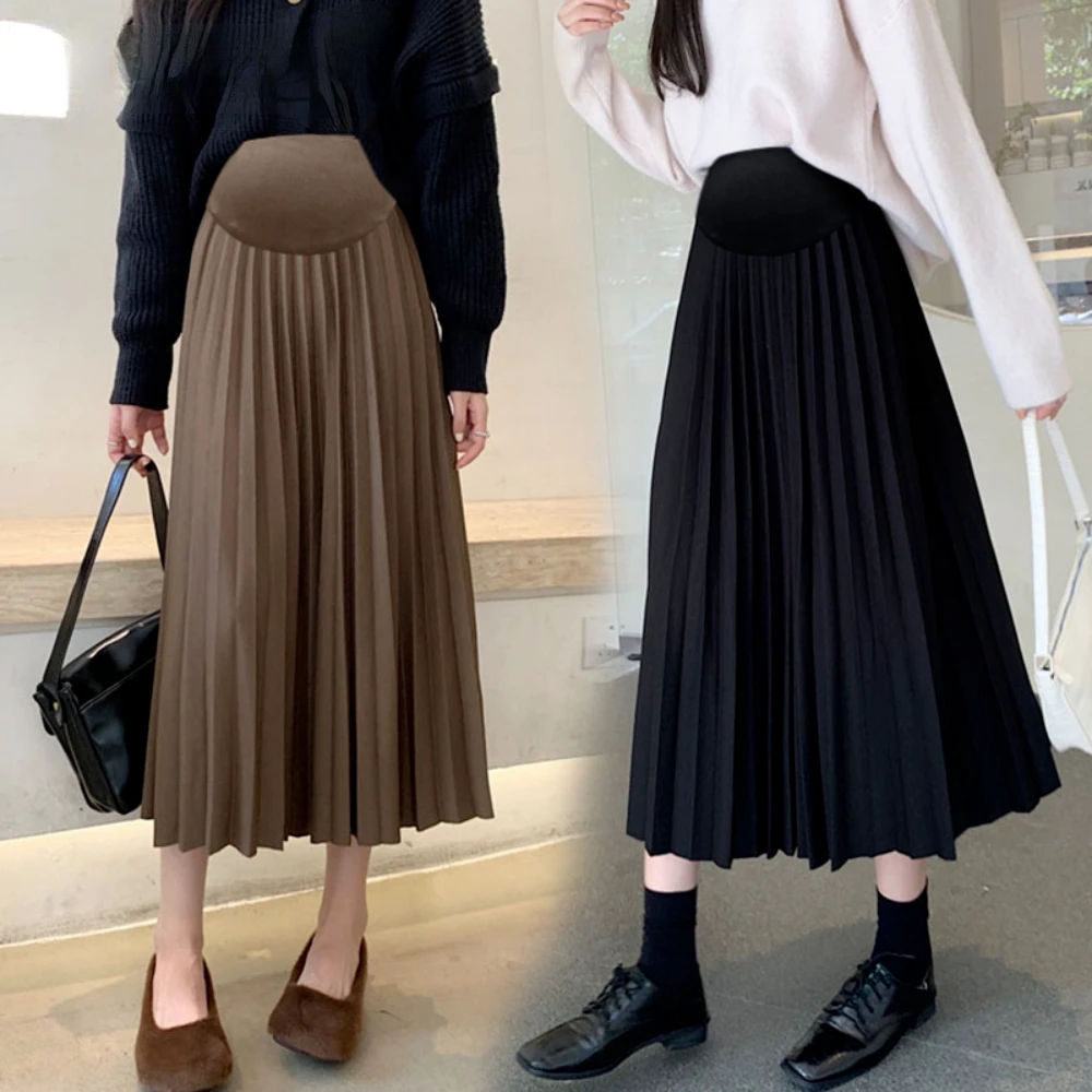 Spring Autumn Knitted Maternity Long Skirts Elastic Waist Belly A Line Swing Clothes for Pregnant Women Casual Pregnancy