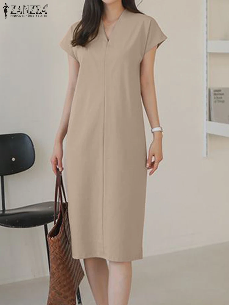 

ZANZEA Summer Fashion OL Office Dress Women Short Sleeve V-Neck Solid Dresses Elegant Loose Robe Female Casual Sundress Oversize