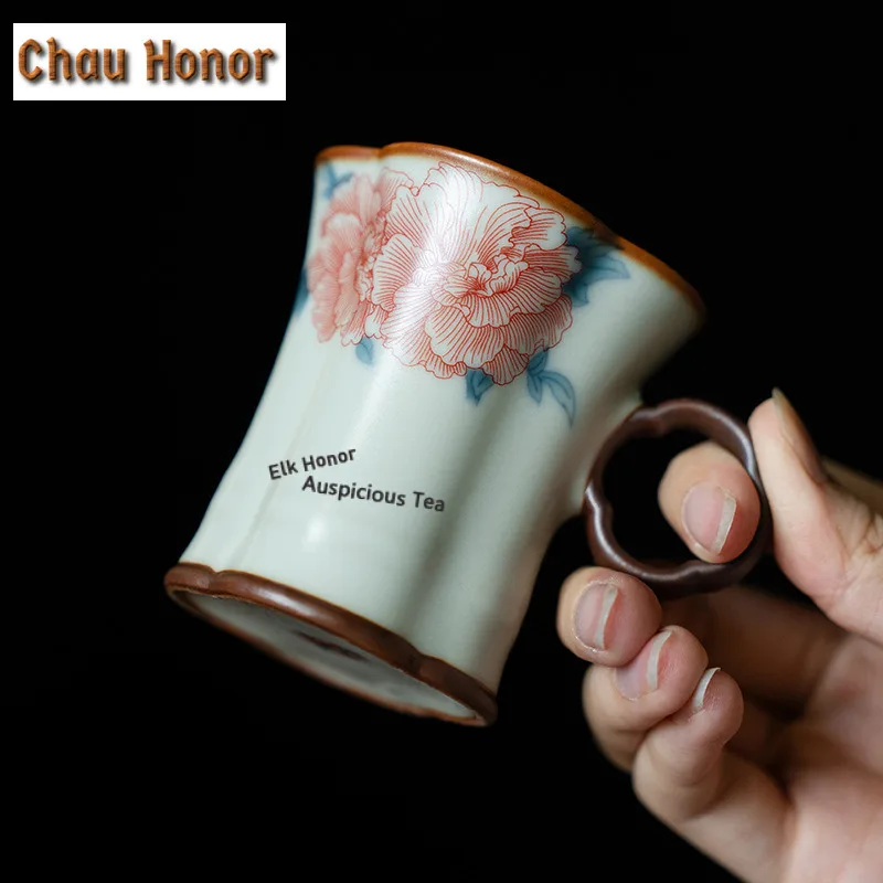 90ml Ru Kiln Porcelain Hibiscus Coffee Mug With Plate Hot Chocolate Cup Afternoon Tea Mug Cup Saucer Kit Teaset Decoration Gift