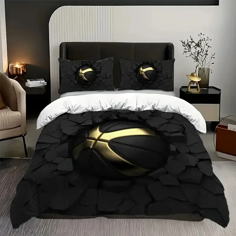 Basketball Comforter Cover Queen Size Sport Dunk Basketball Duvet Covers For Kids Teens, Black Ball Print Bedding Set All Season