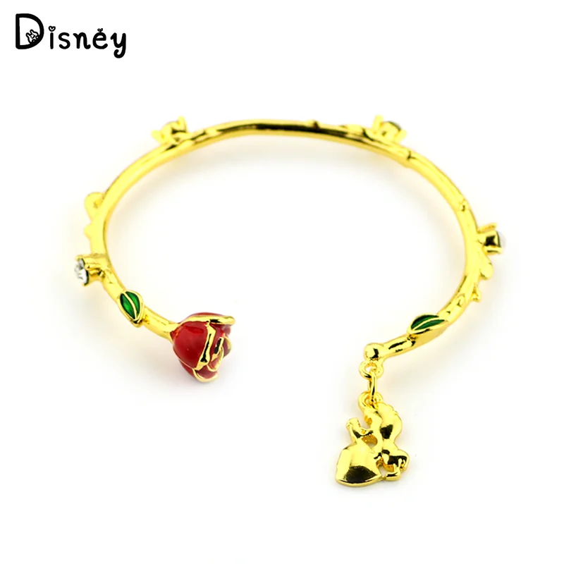 Disney Beauty And The Beast Bracciale Rose Flower Creative Metal Color Oro Fashion Bangle Princess Belle And Adam Charm Jewelry