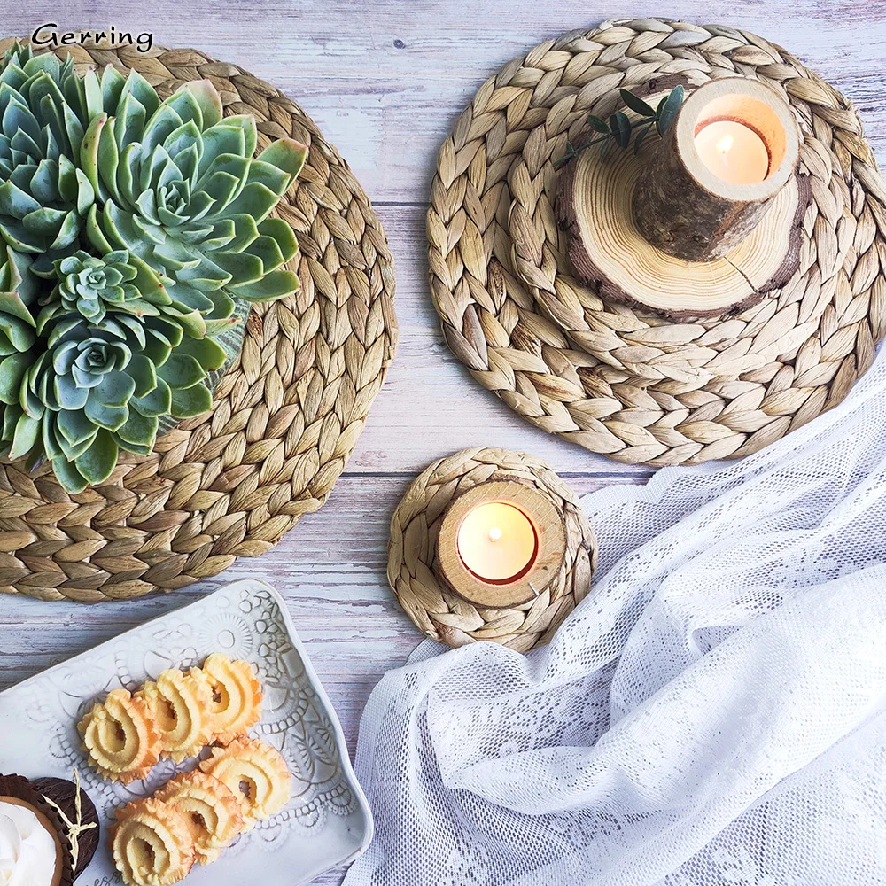 

Gerring Natural Table Mat Handmade Water Hyacinth Heat Insulation Mat Round Woven Placemats for Dining Table Anti-Skidding Pad
