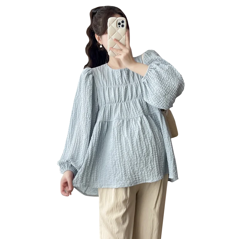 Pregnant Women's Bubble Sleeve Loose Doll Shirt Long Sleeved O-Neck Maternity Blouse Plus Size Pregnancy Top Tees Pleated Shirts hot sales plus size flower print v neck pleated long sleeve blouse loose women tunic shirt flower print and pleated design shirt