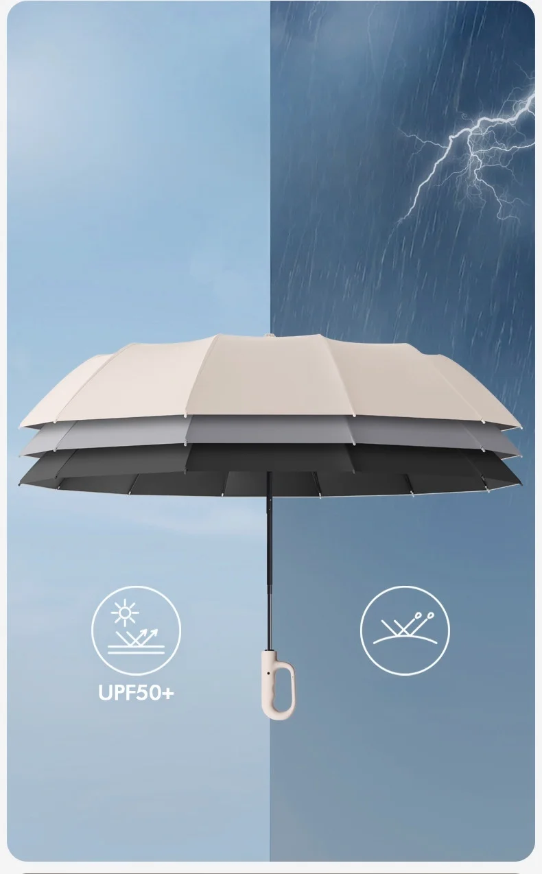 Extra Large 12-Bone Fully Automatic Folding Umbrella – Windproof Portable Rain Umbrella with Dual-Use Reverse Design & Black Glue UV Protection