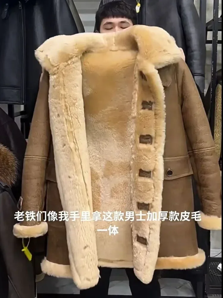 Men's Real Sheepskin Winter Coat | Beige Long Suede Leather Coat With Fleece Lining