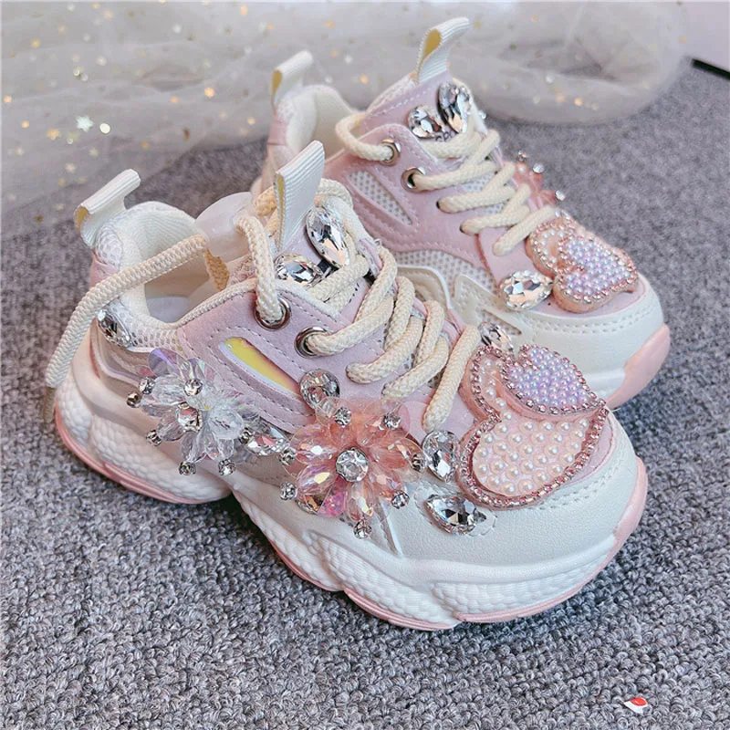 

Kids Sneakers 2022 Girls Spring Fashion Casual Running Sports Trainers Brand Breathable Children Pink Pearl with diamond Flats