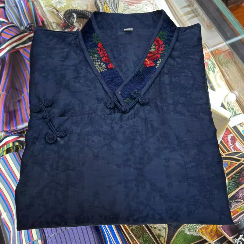 Chinese Xizang Tibetan V-neck Shirt Women's Retro Tiansi Cotton