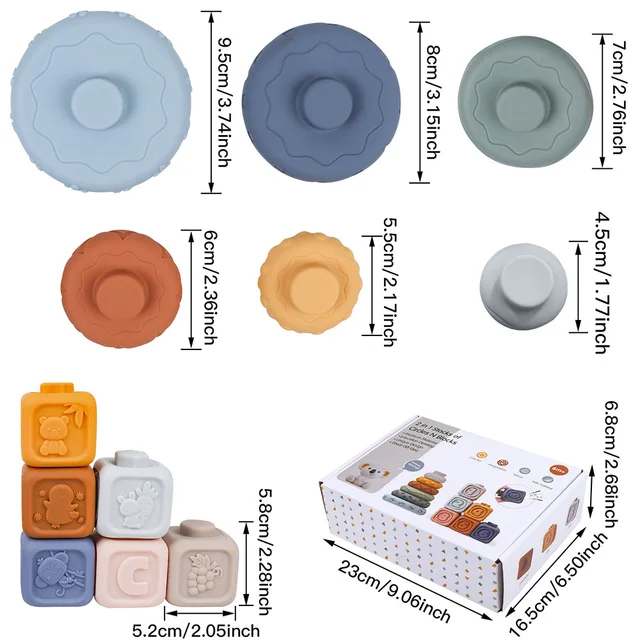 13pcs/set 2 in 1 Stacks of Circles And Blocks Baby Stacking and Nesting Soft Building Blocks Squeeze Toy, Teething Blocks Toy 5