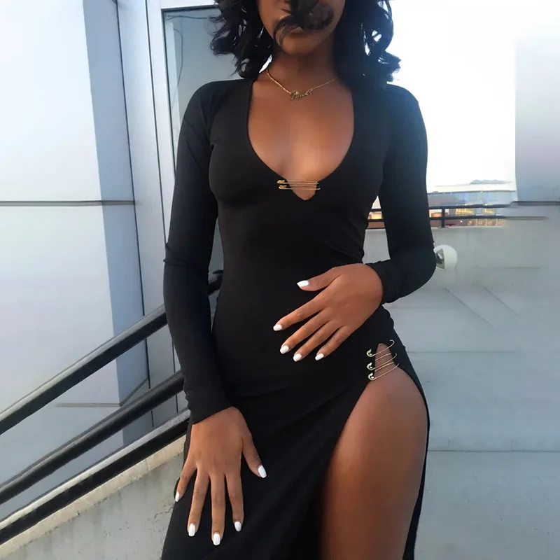 

Women Autumn Winter V Neck Slim Long Sleeve Hollow Out Black Open Fork Split Long Dress 2024 Fall Clothes Streetwear