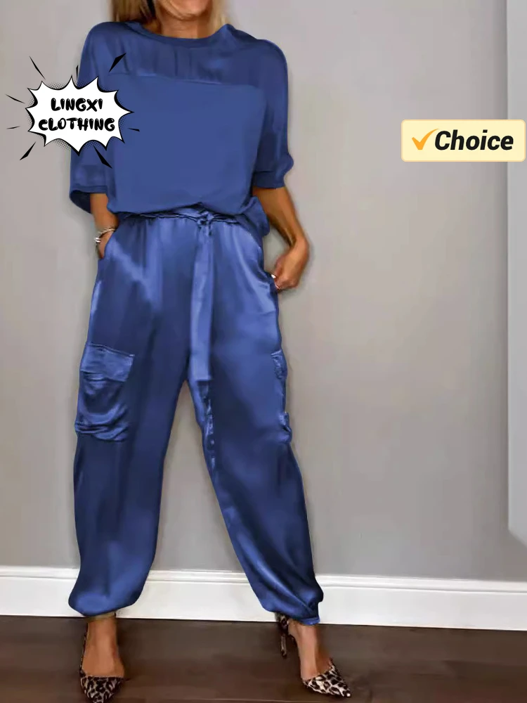 2024 Summer Fashion New Elegant Women's Set Street Scenery Smooth Satin Half Sleeve Shirt Casual Pants Sports Two Piece Set