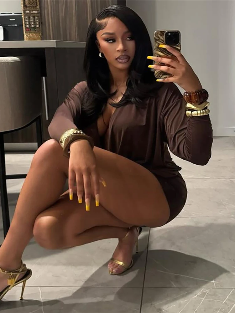 Nibber Cross Deep V-Neck Dress Women Full Sleeve Stretch Solid Midnight Street Clubwear Party Autumn Trend Elegant Mini Bodycon