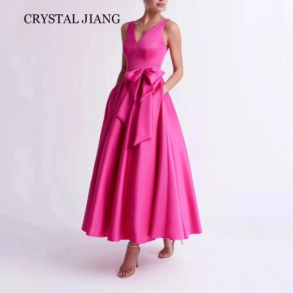 

Vintage Long Pink V Neck Satin Evening Dresses Sleeveless with Bow A Line Tea Length فساتين للمناسبات الخاصة