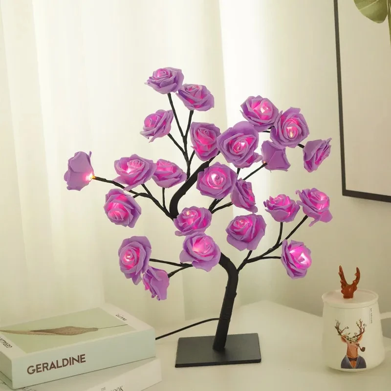 

24 LED Rose Flower Tree Lights USB Table Lamp Fairy Maple Leaf Night Light Home Party Christmas Wedding Bedroom Decoration Gift