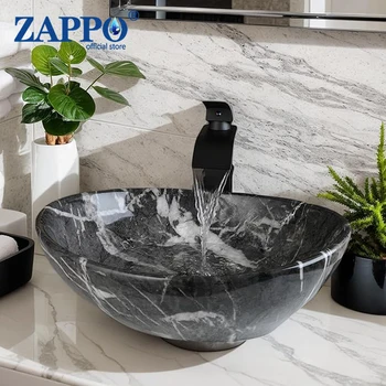 ZAPPO Marbling สี่เหลี่ยมผืนผ้าอ่างล้างจานพร้อมก๊อกน้ําท่อระบายน้ําเซรามิคอ่างล้างจานรูปไข่ห้องน้ําอ่างล้างจานชามด้านบนเคาน์เตอร์พร้อม Mixer Tap 1