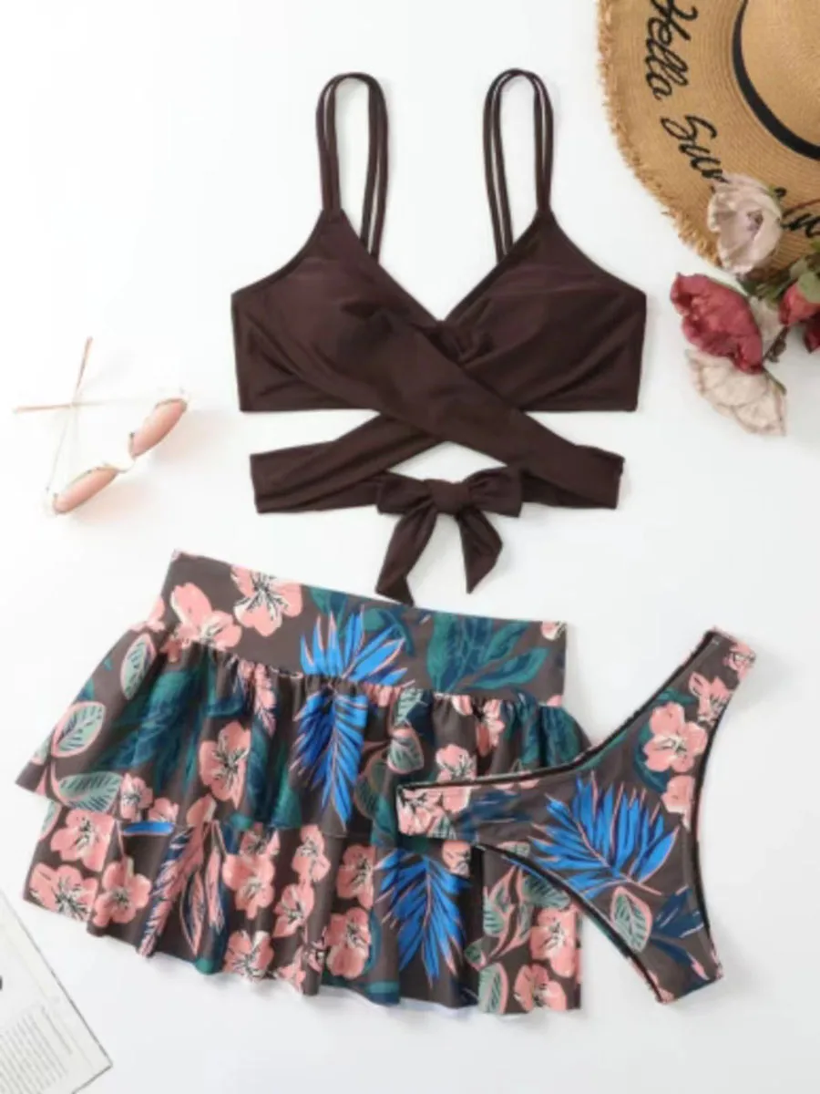 2024 New Swimwear Women Sexy Backless Push Up Swimsuit Print Floral Bikini Three Pieces Skirt-Style Cover Up Beach Bathing Suit