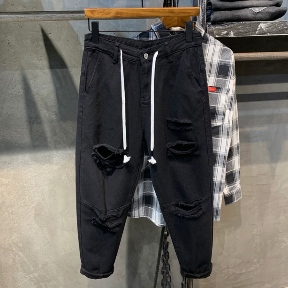 2023 streetwear 패션 블랙 찢어진 스키니 청바지 남성 슬림 힙합 데님 바지 남성 조깅을위한 새로운 봄 캐주얼 청바지