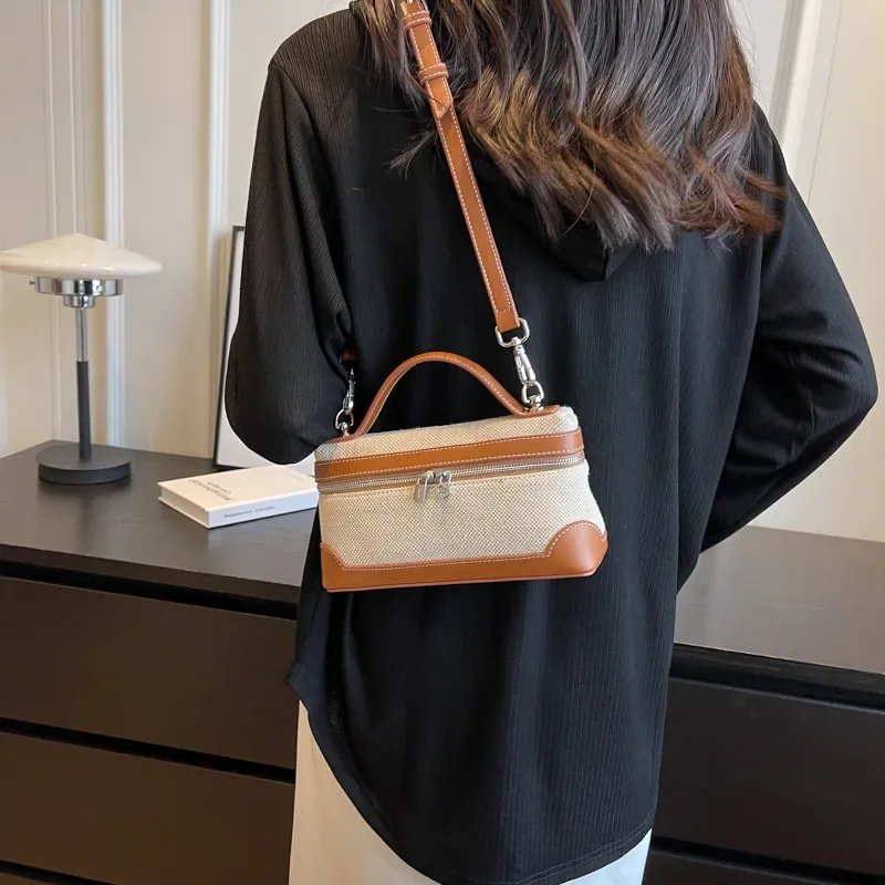 retro canvas handbag for women,women’s summer crossbody bag,contrast color casual handbag,small square canvas shoulder bag,casual women’s sling bag,retro fashion canvas purse,lightweight canvas handbag
