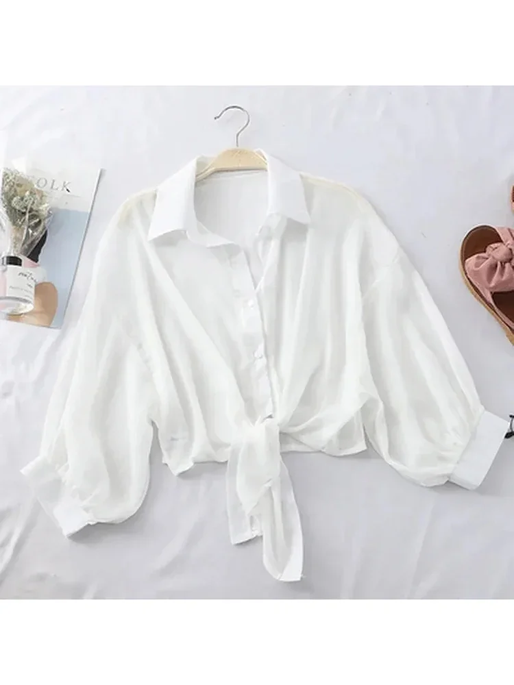 

Elegant Solid Color Casual Women's Half Sleeved Chiffon Shirt Summer Fashionable Loose Bat Sleeve Waist Up Top Women Shirt