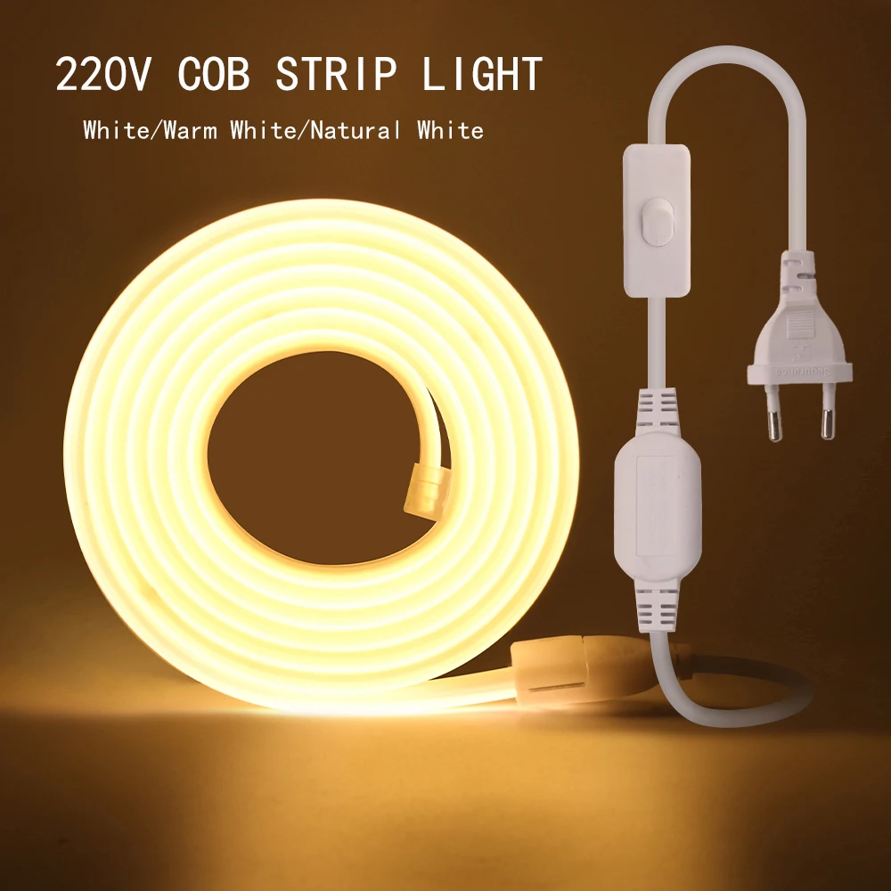 220V COB LED Strip Dimmable Super Bright COB LED Light With Switch High  Safety 360LEDs/m Flex LED Tape Waterproof Outdoor Use