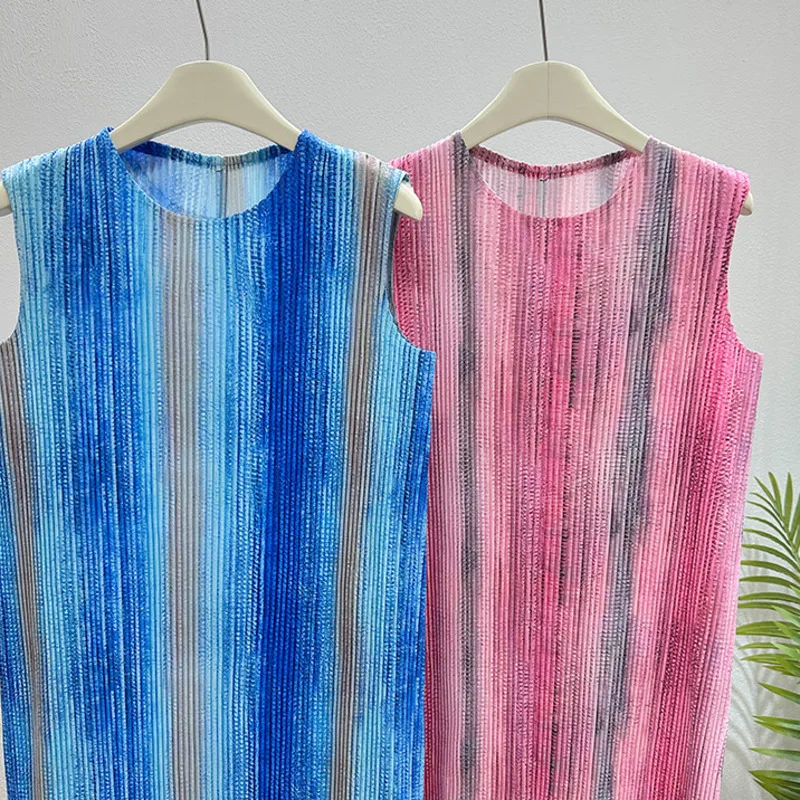 LANMREM Blue Pleated Striped Print Tank Dress Summer 2025 New Elastic Slimming Temperament Straight Dresses Chic Clothes 2DB3972 - Image 6