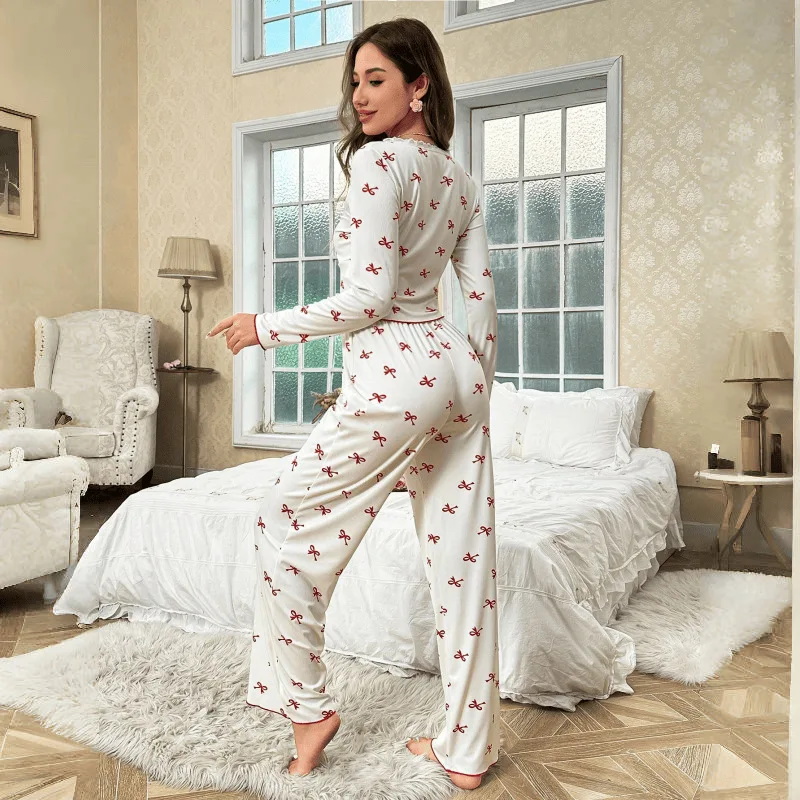 Spring and Autumn New Women's Sleepwear Butterfly Bow Long Sleeve Set Printed Elastic Women's Casual Comfortable Home Clothes