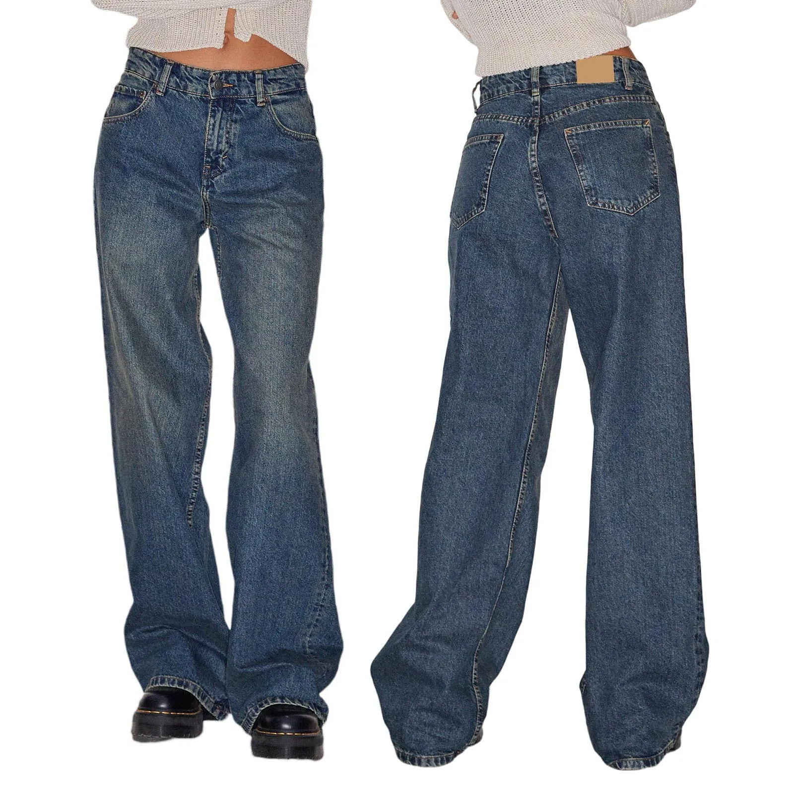 

Women's Spring Summer Casual Jeans Blue Mid Waist Retro Wide Leg Denim Pants with Pockets Trousers Baggy Vintage Y2k