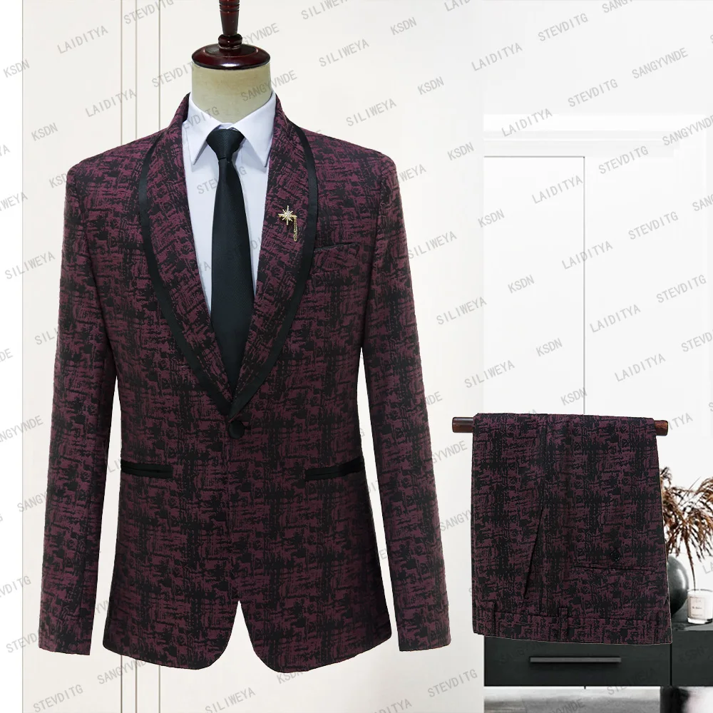 

2023 Costume Homme Wine Red and Black Jacquard One Button Tuxedo Men Suits Slim Fit Groom 2 Pcs Set Terno Masculino Jacket Pants