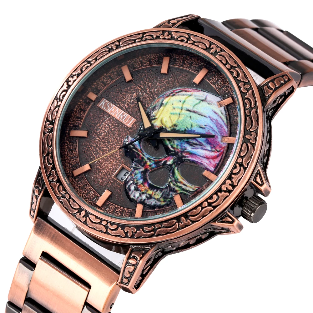 Art Embossed Skull Painting Watch Retro Bronze Street Wear Full Stainless Steel Band Quartz Vintage Watches for Men Luxury Reloj