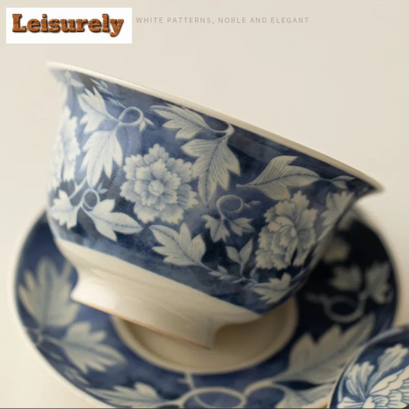 150ML Soda Glaze Yuan Blue And White Gaiwan Traditional Tea Tureen Tea Bowl With Lid Kit Tea Brewing Cover Bowl Tea Decoration