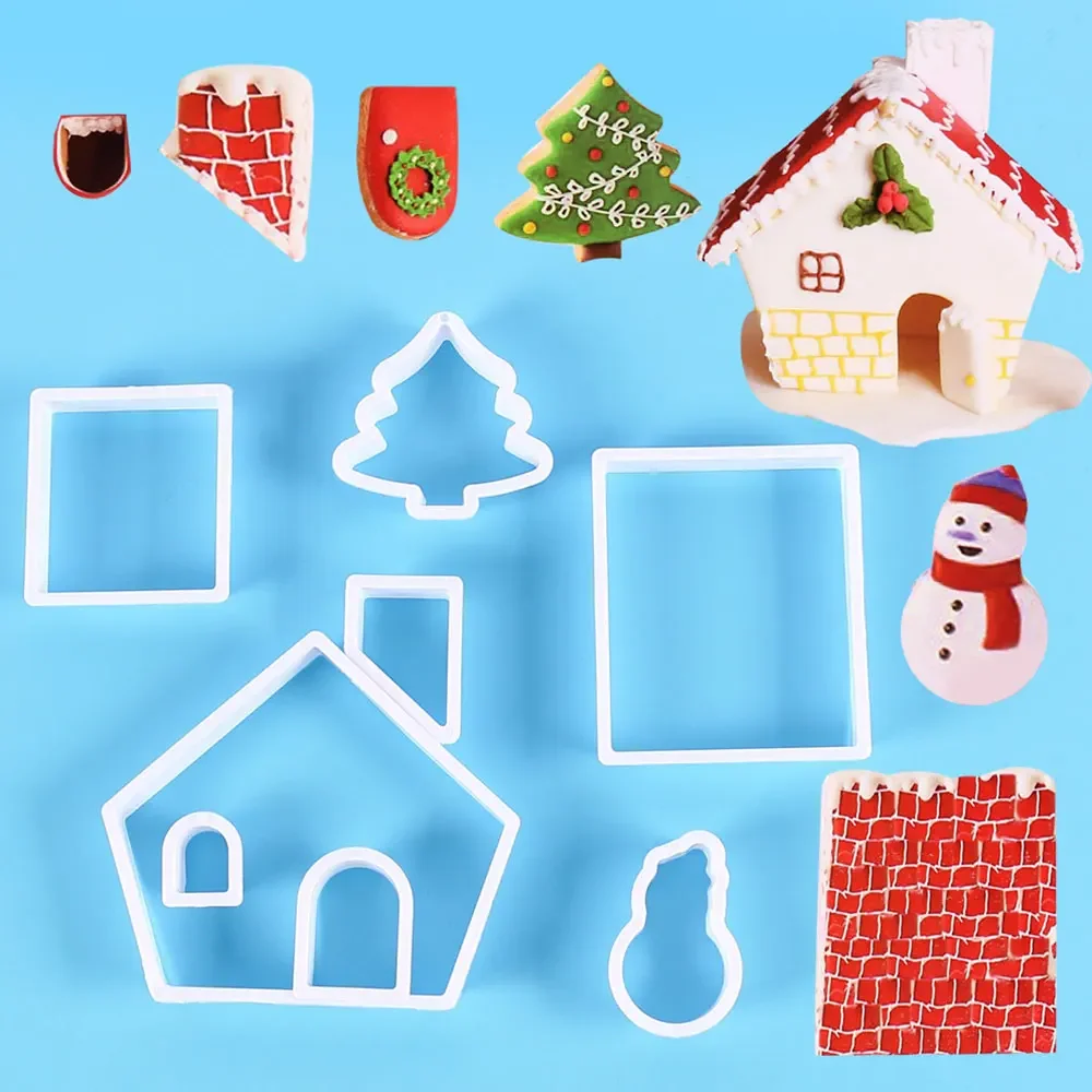 8Pcs Plastic Cookie Cutter Set 3D Christmas Gingerbread House Mould DIY Biscuit Mold Pastry Cake Stamp Baking Cookie Tools