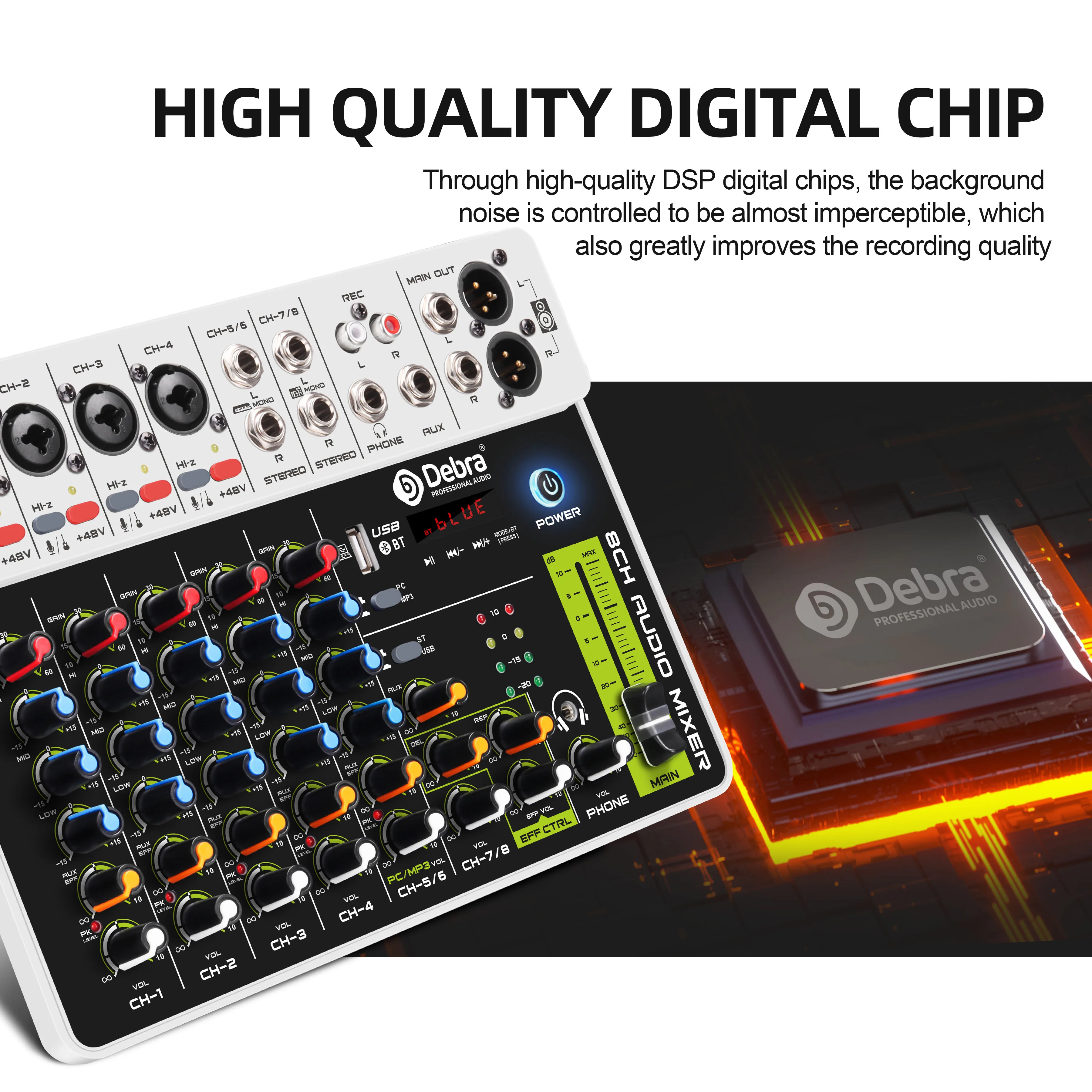 데브라 오디오 믹서 DJ 콘솔 V8 8채널 48V 팬텀 파워 USB DJ 콘솔 (사운드 카드 내장) PC 녹음 및 노래 녹음용