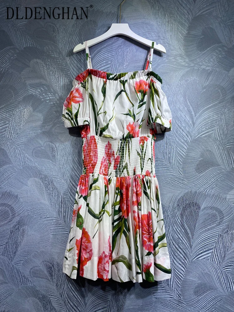 

DLDENGHAN Spring Summer Women Cotton Dress Spaghetti Strap Short Sleeve Floral Print Bohemian Vacation Backless Dress Runway New