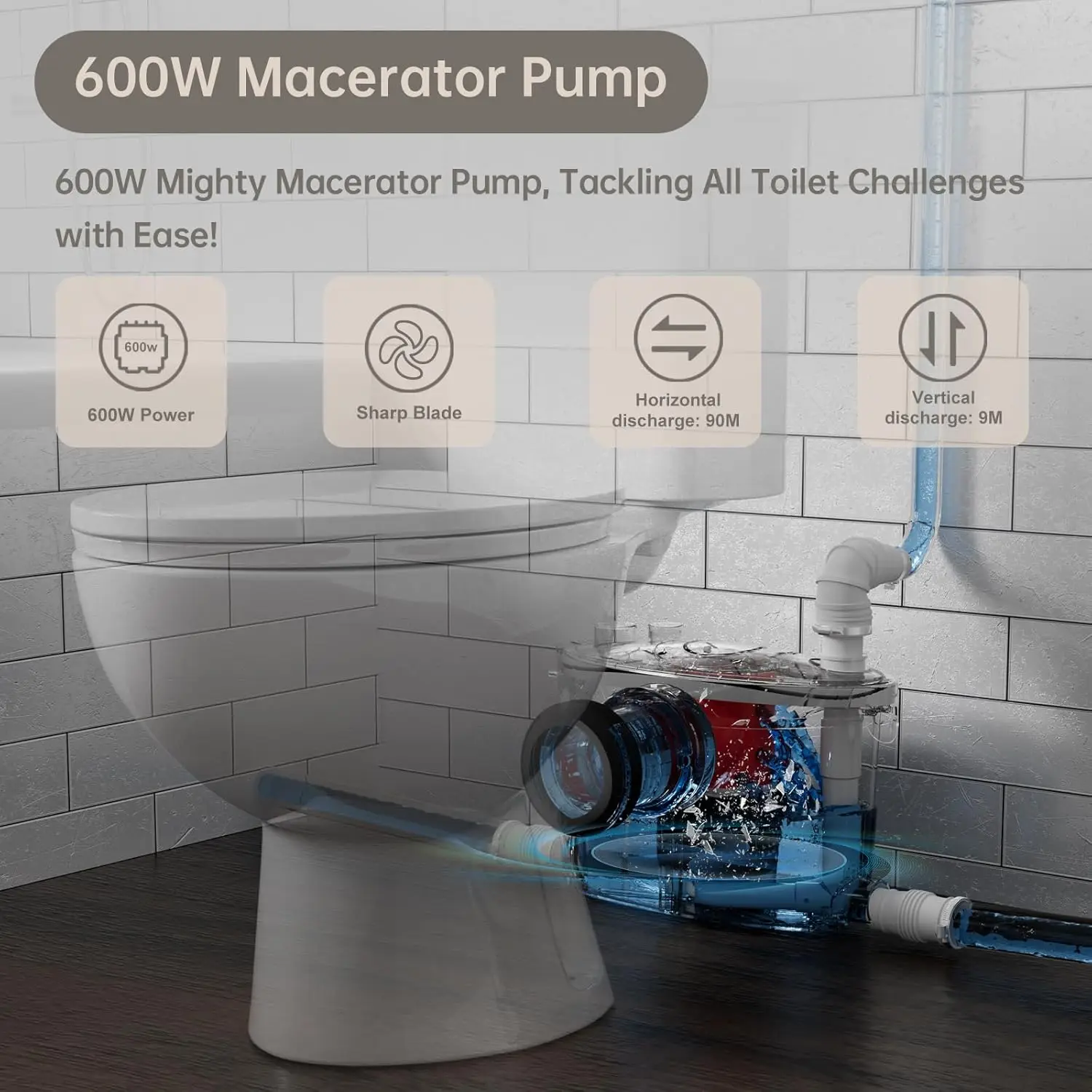 600w Macerating Toilet System, Silent & Powerful Upflush Toilet For Basement, Upflow Toilet Included Macerator Pump With Ac 2