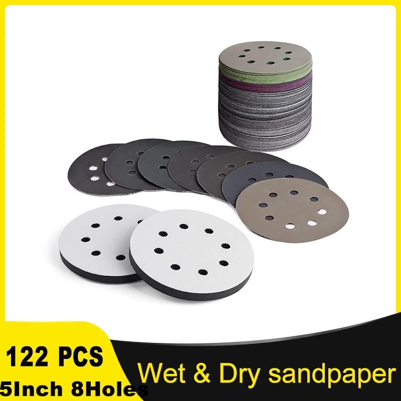 

5 Inch 8 Holes Wet and Dry sandpaper Kit 122 Pcs Hook & Loop Silicon Carbide Round Flocking Sandpaper 320-3000 Grit for Grinding