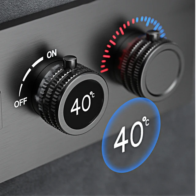 ระบบฝักบัวอาบน้ําทองเหลืองสีดําหรูหราติดผนังการออกแบบจอแสดงผลดิจิตอล LED เย็นและร้อนควบคุมคู่ฝักบัวเพดาน 4 ฟังก์ชั่นแตะ 4