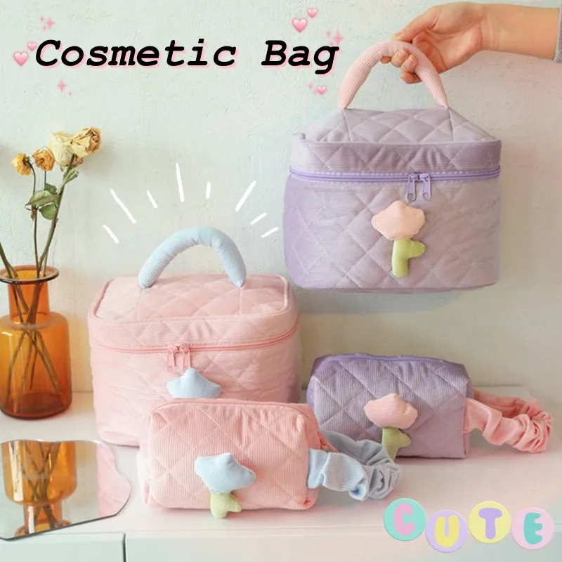 

Cute Flower Cosmetic Bag Travel Large Capacity Portable Toiletries Organizer Solid Color Soft Corduroy Tote Wash Bag with Zipper
