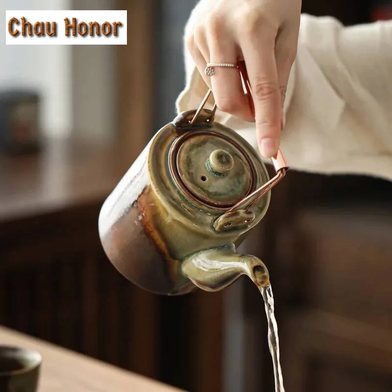 400ML Retro Wood-fired Loop-handled Teapot Handmade Single Pot with Filter Japanese Retro Kiln Change Household Kung Fu Teaware