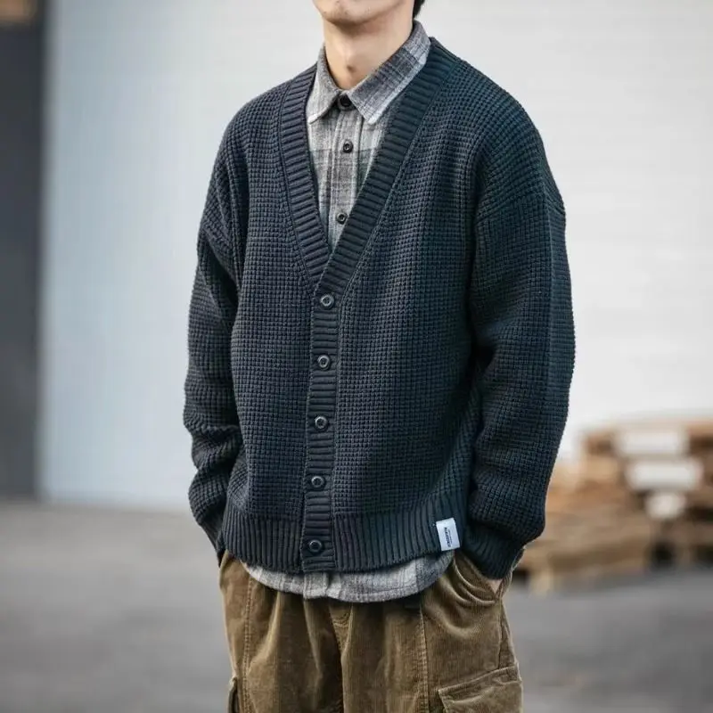 Korean Loose Vintage V-Neck Cardigan Sweater Men Spring Autumn New Solid Patchwork Button Pocket Knitted Jacket Long Sleeved Top