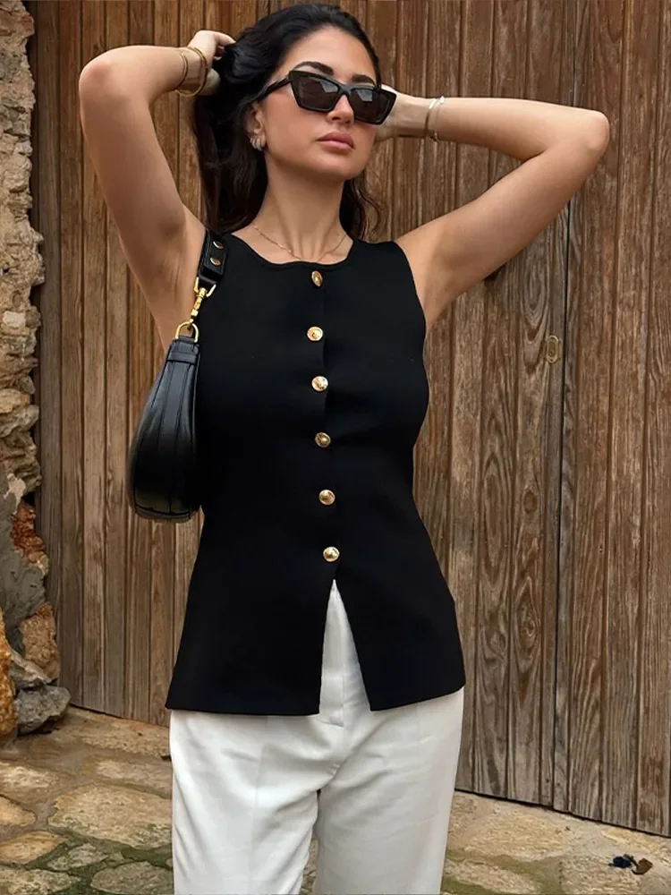 2025 Spring And Autumn New Round Neck Solid Color Side Button Anti-Pilling Women's Slim Vest Sweater