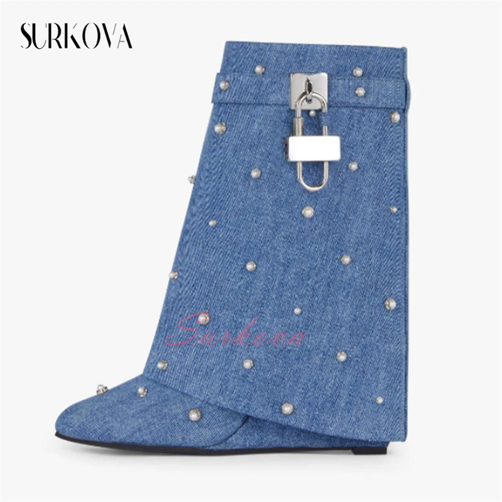 

Pearl-Embellished Denim Shark Boots Pointed Wedge Side Zipper High Heel Women's Boots Women's Fashion Trouser Boots Denim Boots