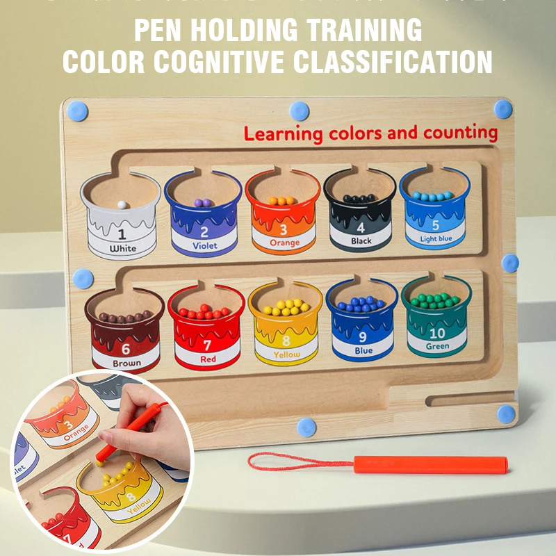 Wood Stem Math Toy Set Magnetic Puzzle Toy Early Education Number Skills Learning Bead Magnetic Pen Toys for Kids Gift