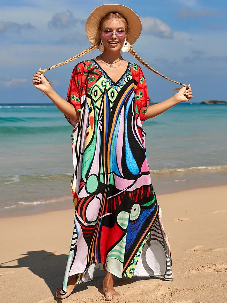 Loose Boho Style Maxi Dress Print Face Swim Suit Cover-up Bohemian Dress Robe Plage Kaftan Maxi Beach Wear Tunics