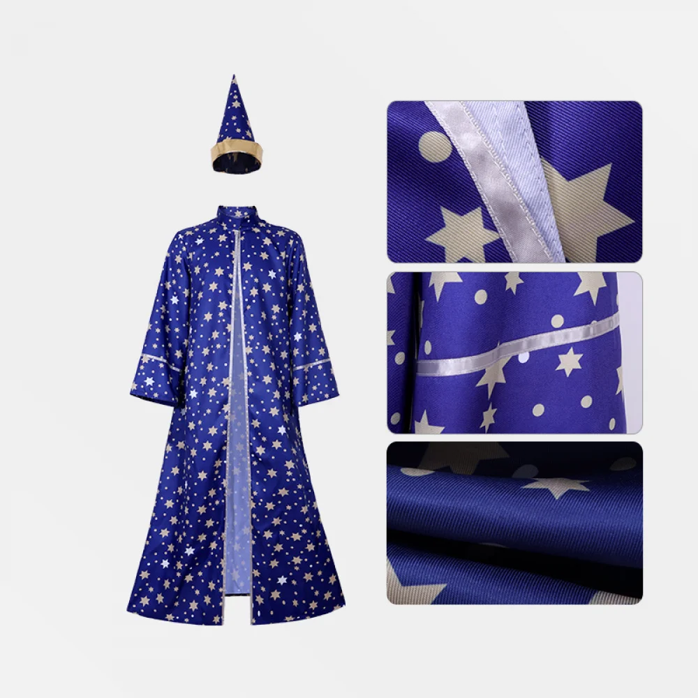 Men Magic Magician Costume with Blue Robe Cloak Hat Star Moon Magician Wizard Cosplay Costume Adult Role Playing Clothing