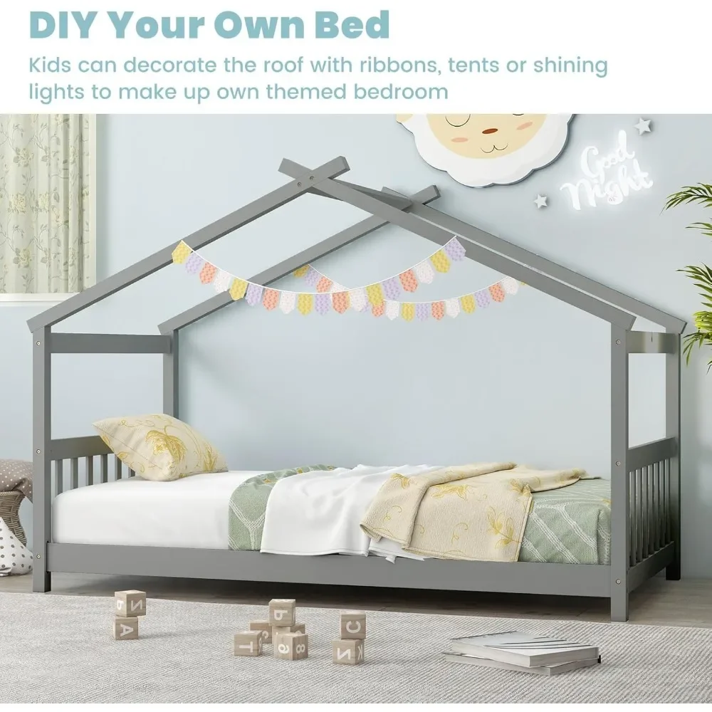House Bed Twin,Solid Wood Kids House Bed with Roof,Headboard and Footboard,Low Floor Twin Bed Frame for Toddlers Teens GirlsBoys 5