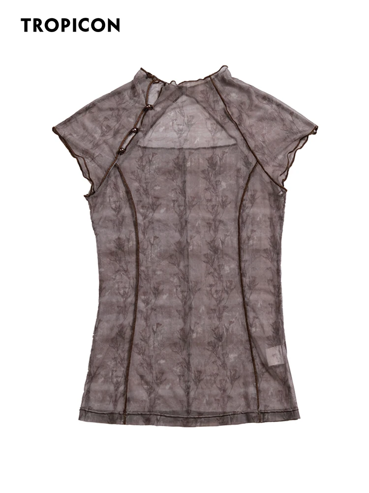 

TROPICON Vintage Sheer Top Mesh Transparent Blouse Women Summer Floral Designer Tight See Through Ladies Top Korean Fashion