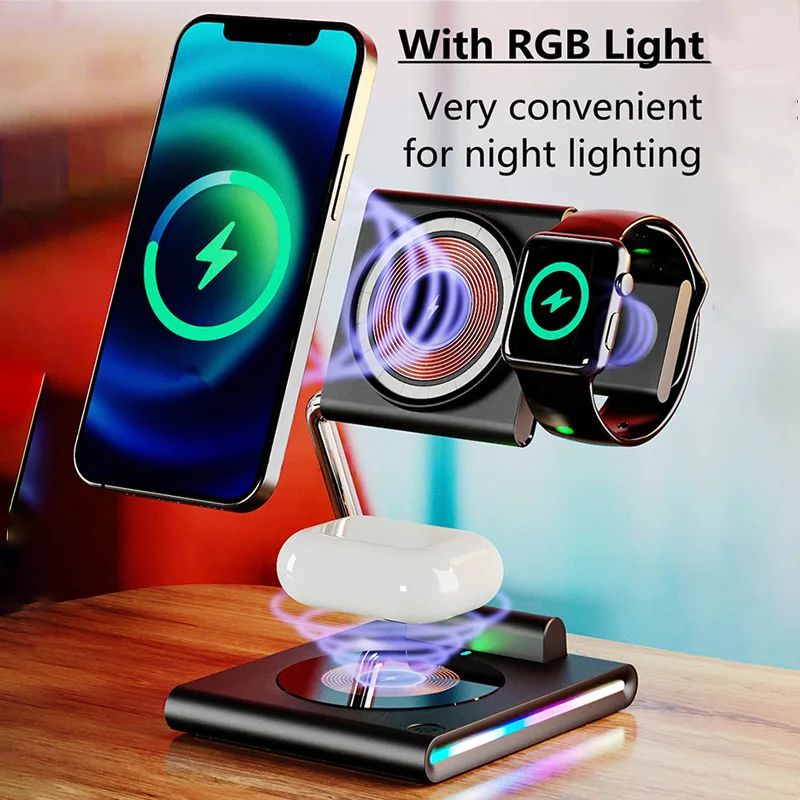 접이식 RGB 라이트 마그네틱 무선 충전기 스탠드 패드, 아이폰 15, 14, 13, 애플 워치 에어팟, 3 인 1 고속 충전 독 스테이션