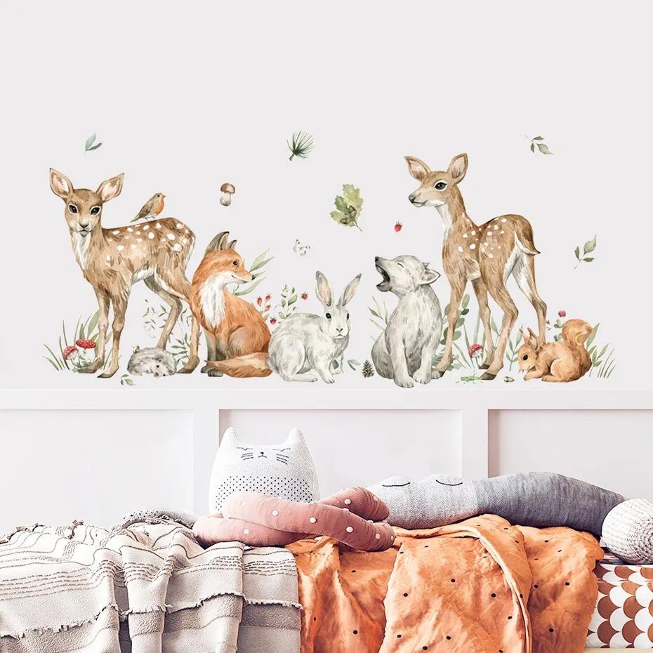 Boho Cartoon Deer Rabbit Woodland Animals Leaf Watercolor Nursery Wall Decals Kids Room Girls Bedroom Sticker Home Decor wall stickers vinyl decal stickers