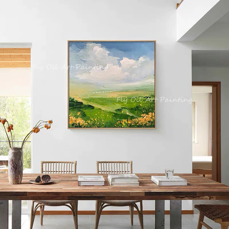 

100% Handmade modern landscape thick green grass and blue sky thick scenery Oil Painting Canvas for Home Decoration as a gift