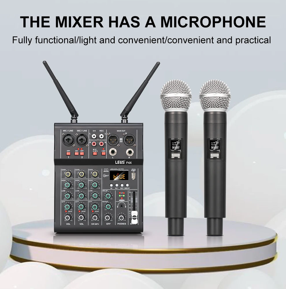 Audio Mixer LEUS F4X 4 Channel With Dual UHF Wireless Microphone DJ Console For karaoke Party PC Studio Recording