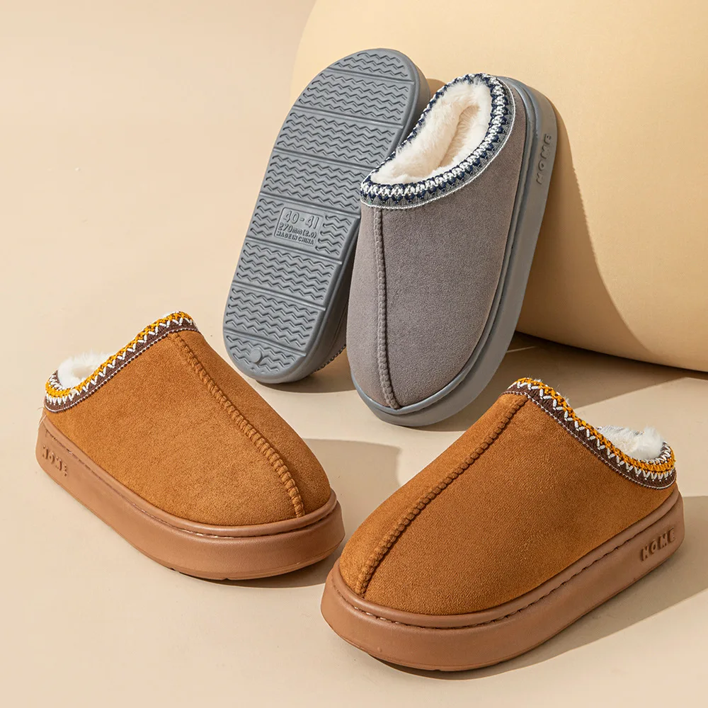 شبشب منزلي للزوجين عالي الجودة بلون سادة جديد من جلد الغزال الصناعي، نعل سميك، غير قابل للانزلاق، خفيف الوزن، دافئ من القطن للنساء